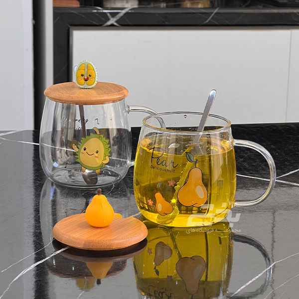 ماگ پیرکس درب چوبی مدل میوه ای