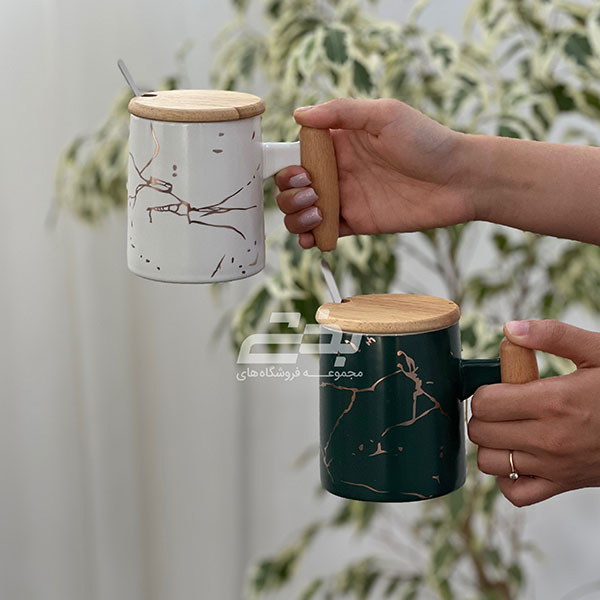 ماگ سرامیکی ماربل دسته چوبی