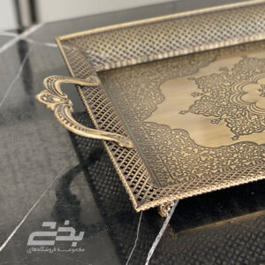 سینی مستطیل آنتیک زمرد مدل دسته دار بزرگ