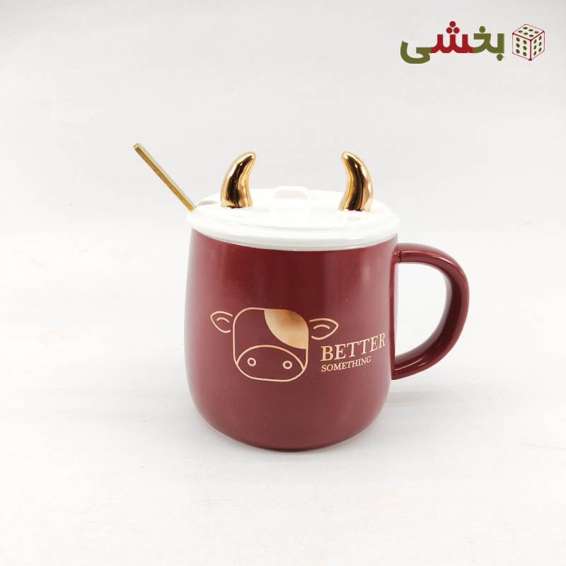 ماگ درب دار سرامیکی طرح گاو شاخ دار